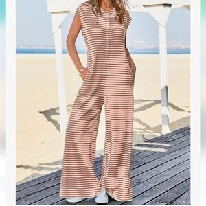 Cicy Bell Womens Casual Striped Jumpsuits Summer Cap Sleeve Wide Leg 2X